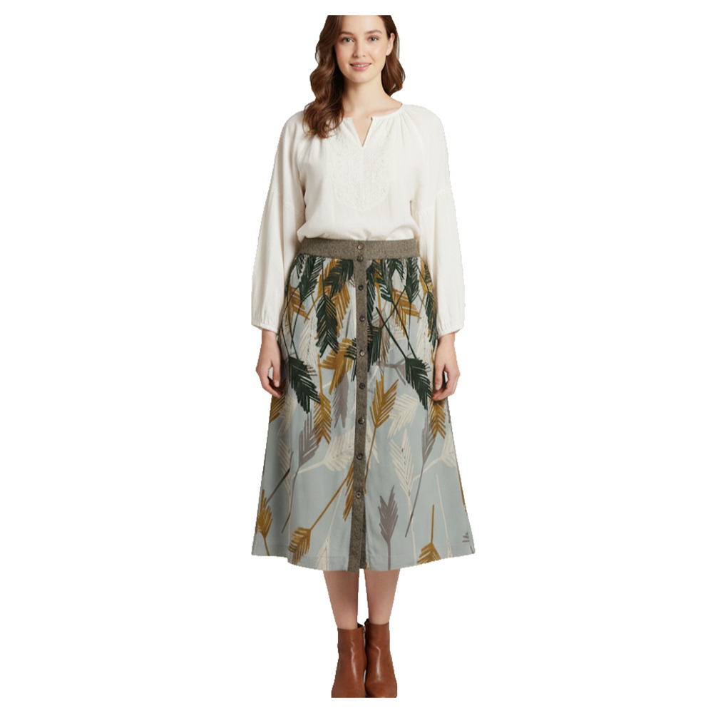 Anthropologie Brown Gold Skirt Edme & Esyllte Plumes Palms Button Front Lined 10